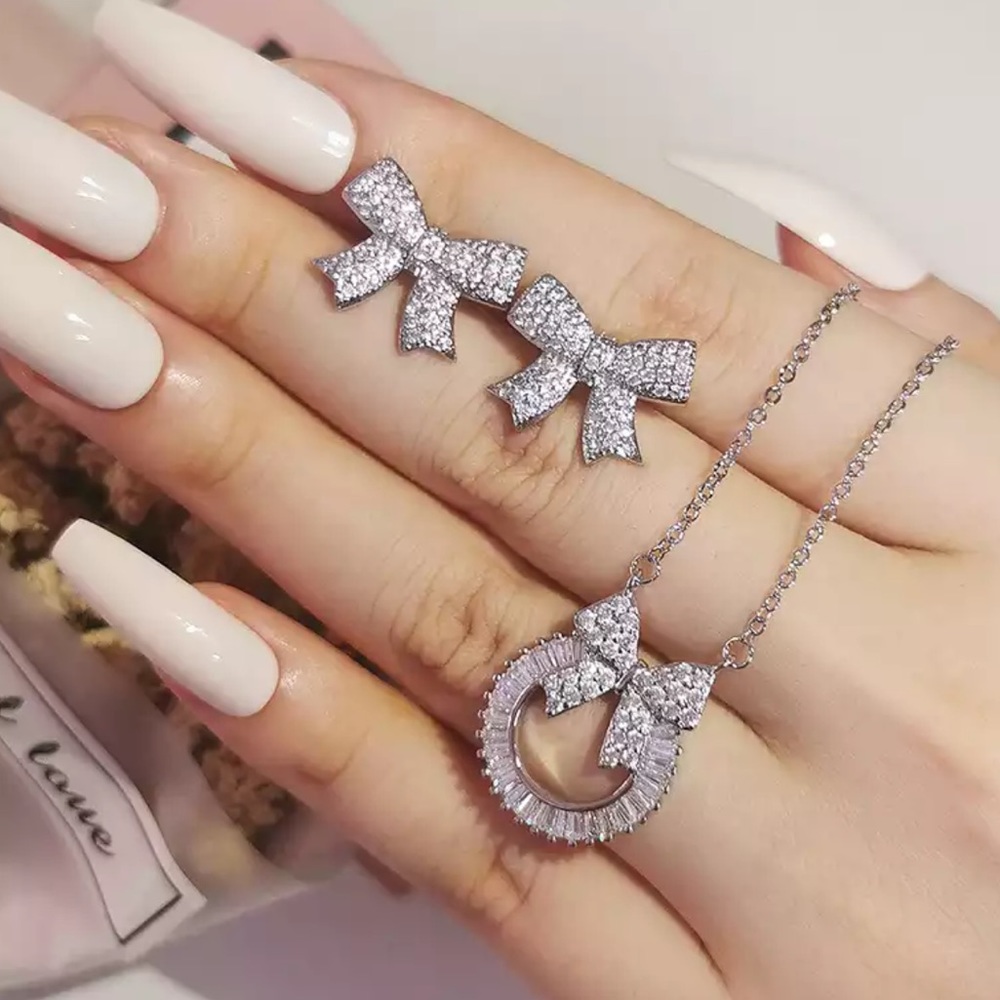 New Women’s 925 Silver Beautiful Diamond Bowknot Earrings&Necklace Set